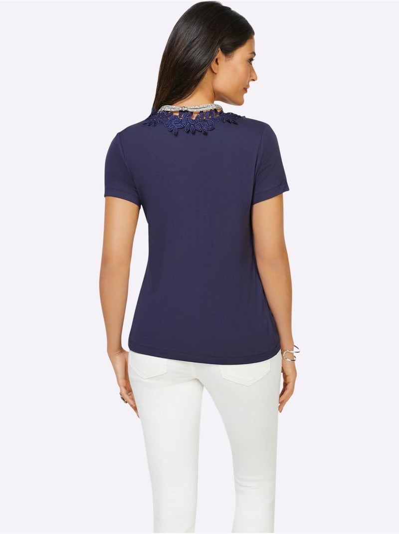 T-shirt à Manches Courtes Viscose - Taille Standard - Helline Bleu nuit - Kiabi