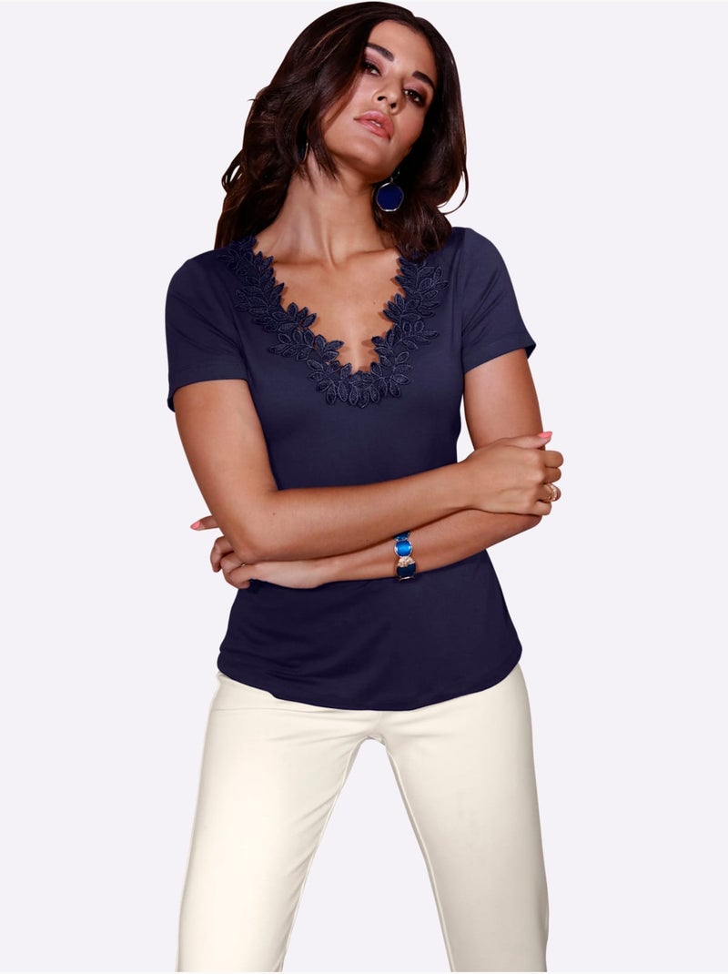 T-shirt à Manches Courtes Viscose - Taille Standard - Helline Bleu nuit - Kiabi