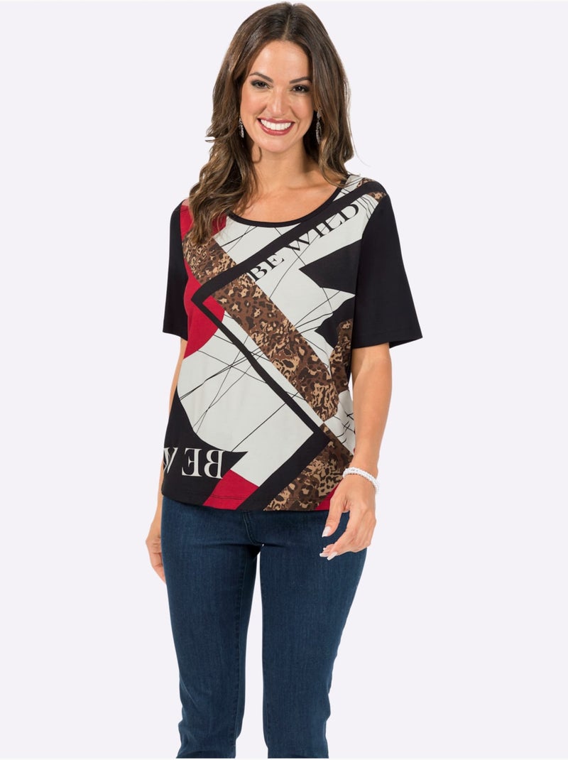 T-shirt à Manches Courtes Viscose - Taille Standard - Witt Noir Ecru - Kiabi