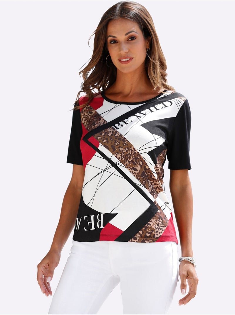 T-shirt à Manches Courtes Viscose - Taille Standard - Witt Noir Ecru - Kiabi