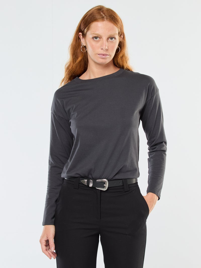 T-shirt à manches longue et col rond Noir - Kiabi