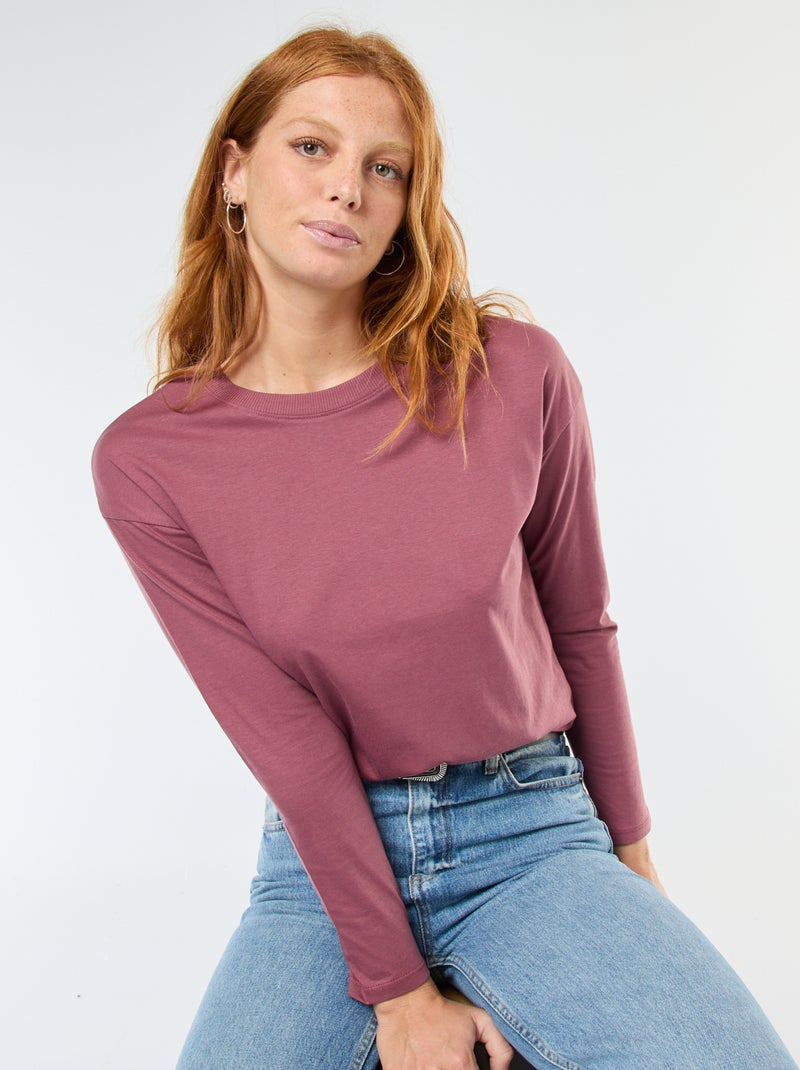 T-shirt à manches longue et col rond Rose - Kiabi