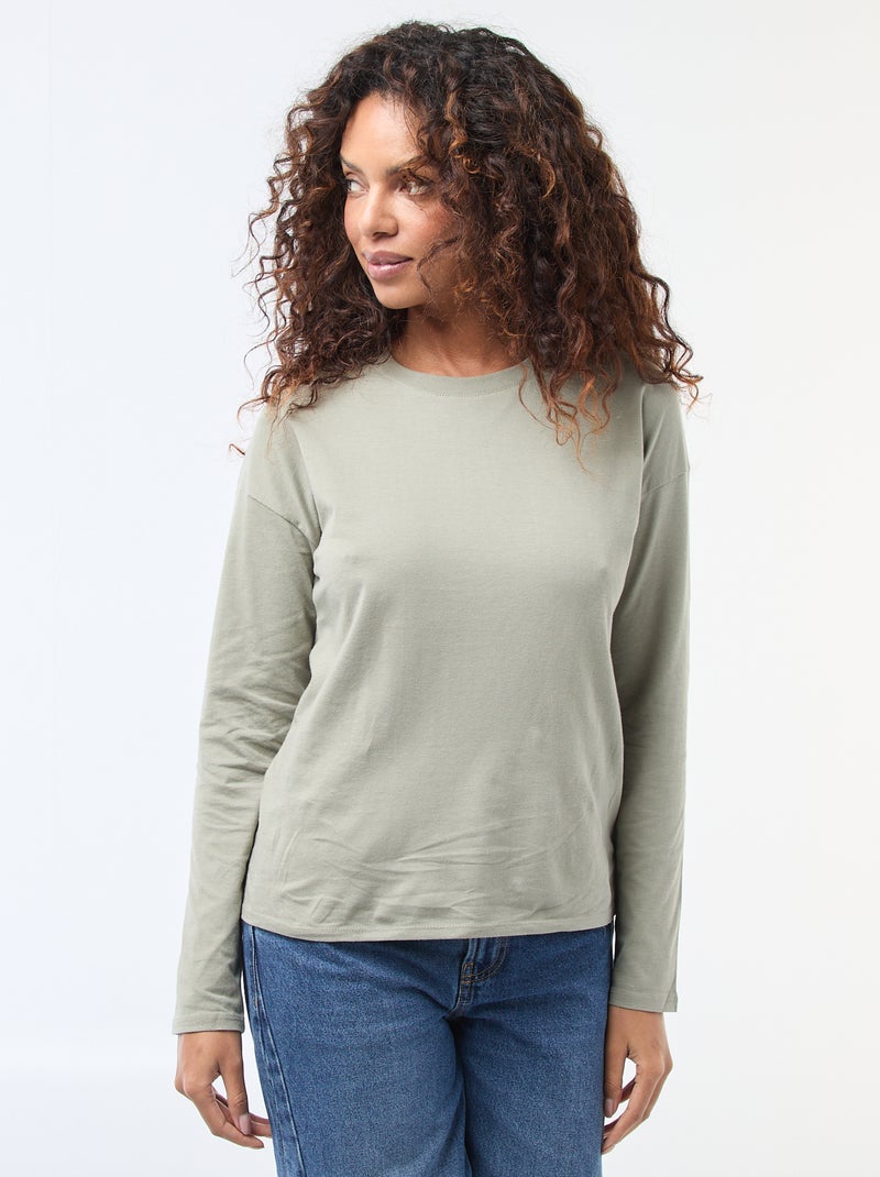 T-shirt à manches longue et col rond Vert - Kiabi