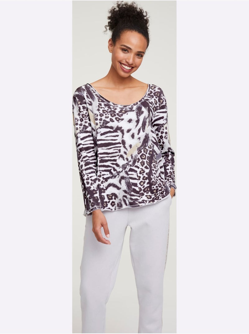 T-shirt à Manches Longues - Taille Standard - Helline Gris Blanc - Kiabi