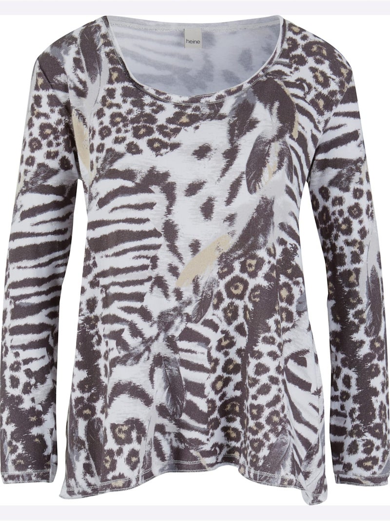 T-shirt à Manches Longues - Taille Standard - Helline Gris Blanc - Kiabi