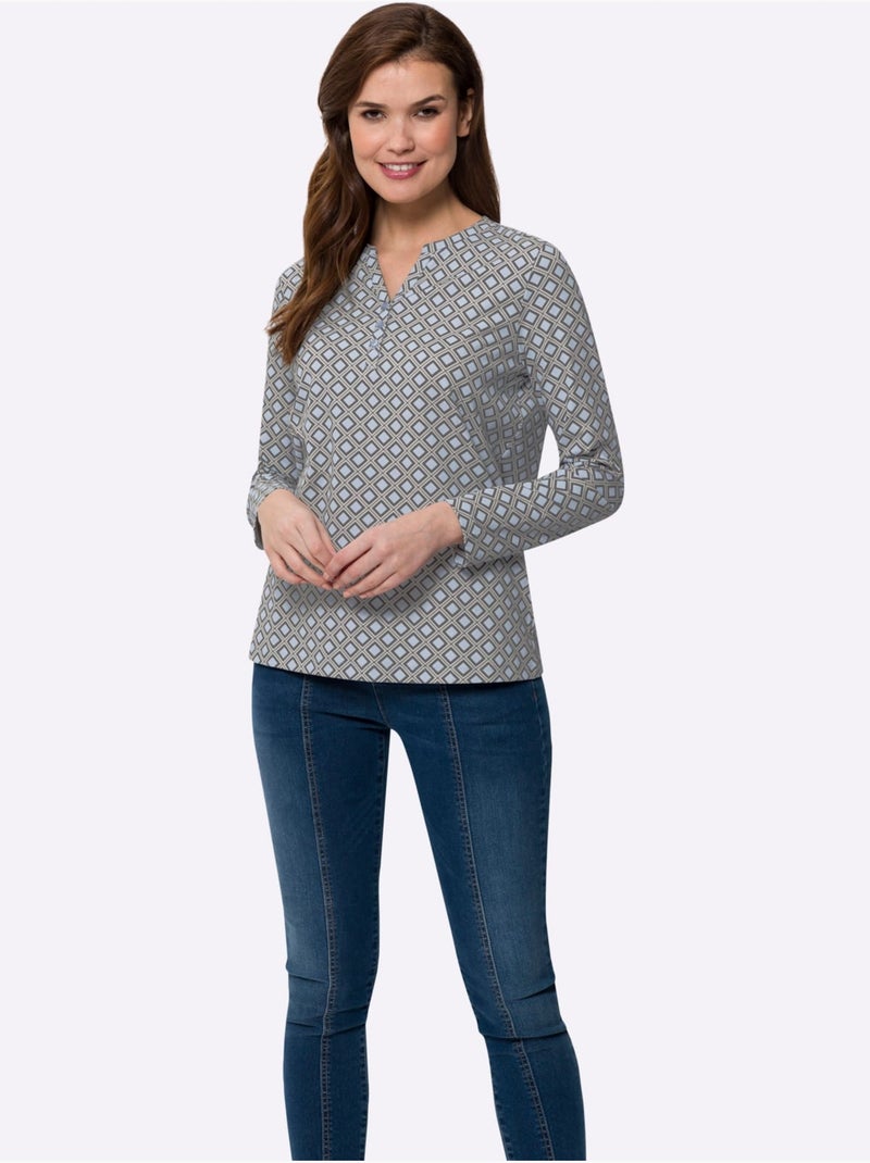 T-shirt à Manches Longues 100% Coton - Taille Standard - Helline Gris Bleu ciel - Kiabi