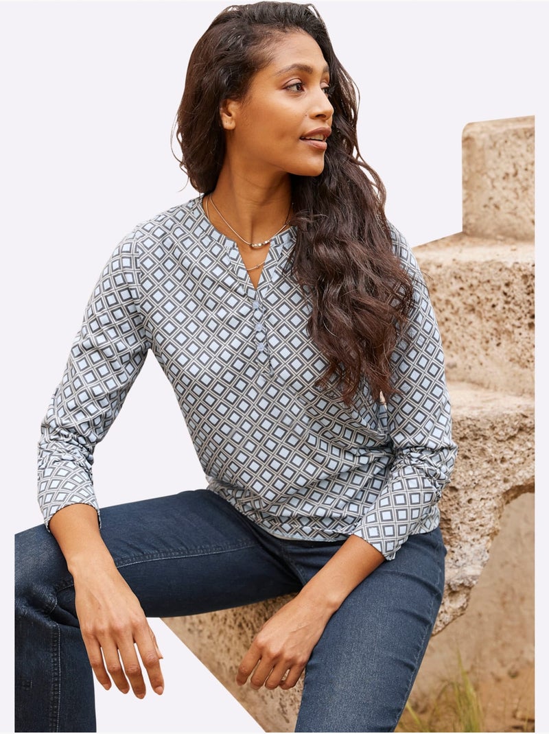 T-shirt à Manches Longues 100% Coton - Taille Standard - Helline Gris Bleu ciel - Kiabi