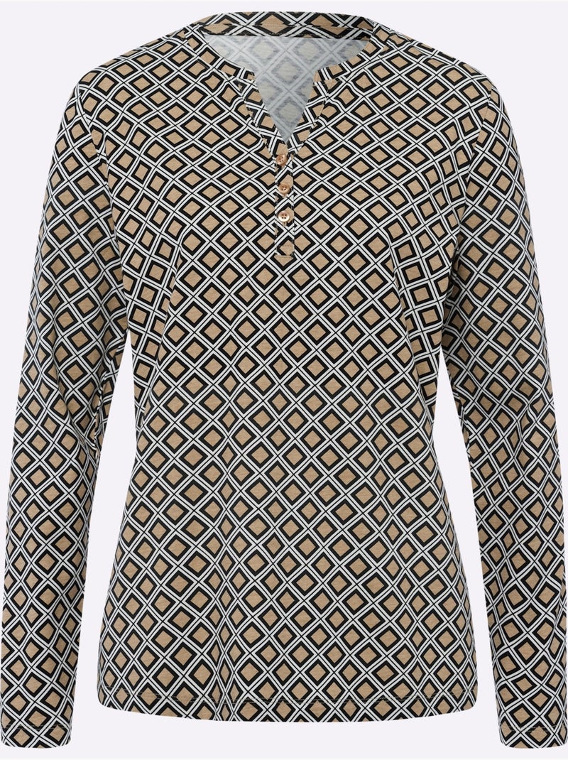 T-shirt à Manches Longues 100% Coton - Taille Standard - Helline Noir Beige - Kiabi