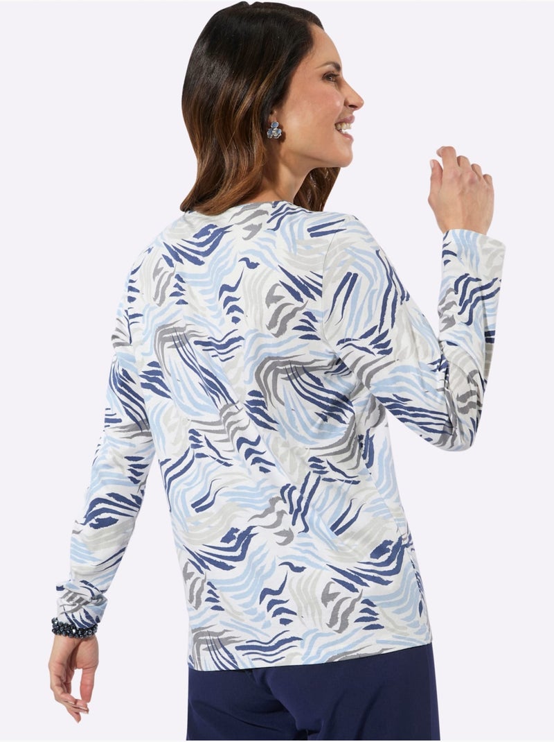 T-shirt à Manches Longues 50% Coton Et 50% Modal - Taille Standard - Witt Bleu Ecru - Kiabi