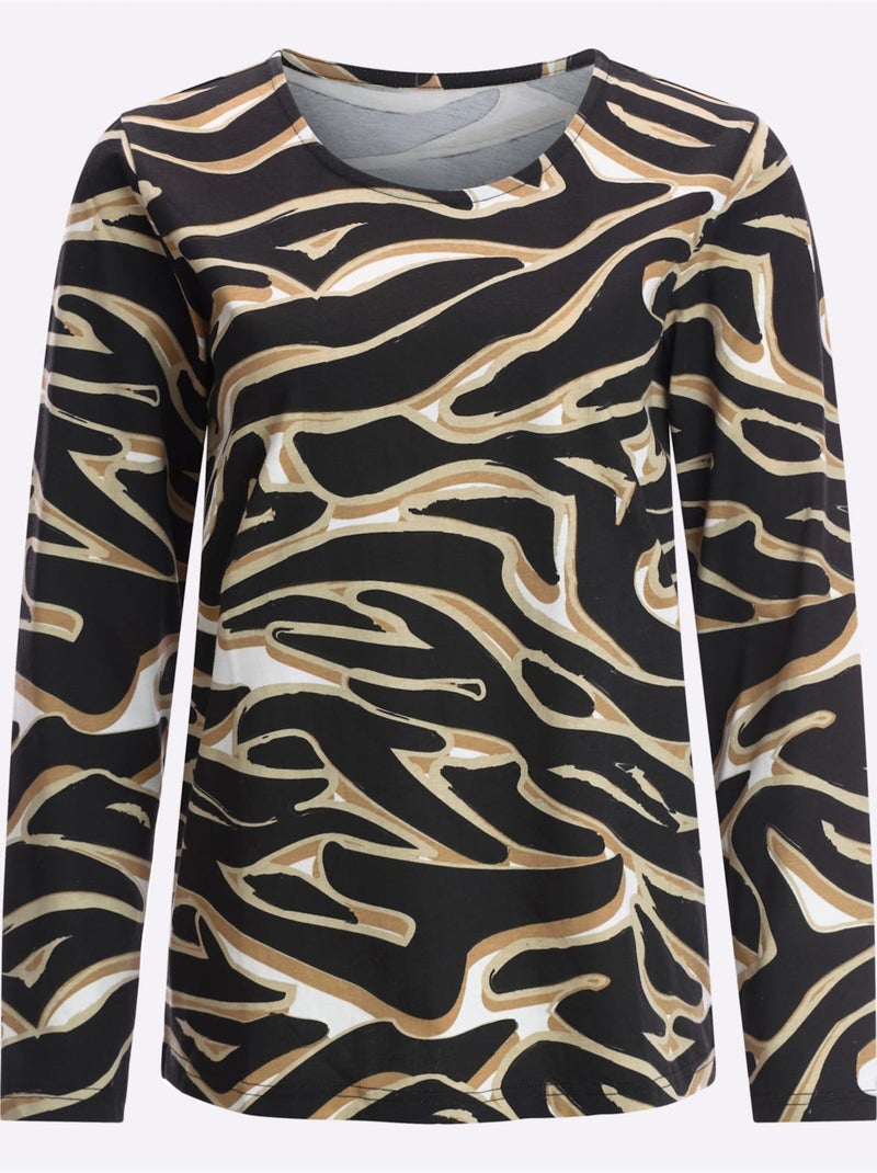 T-shirt à Manches Longues à Encolure Ronde - Taille Standard - Moda Vilona Noir Ecru - Kiabi