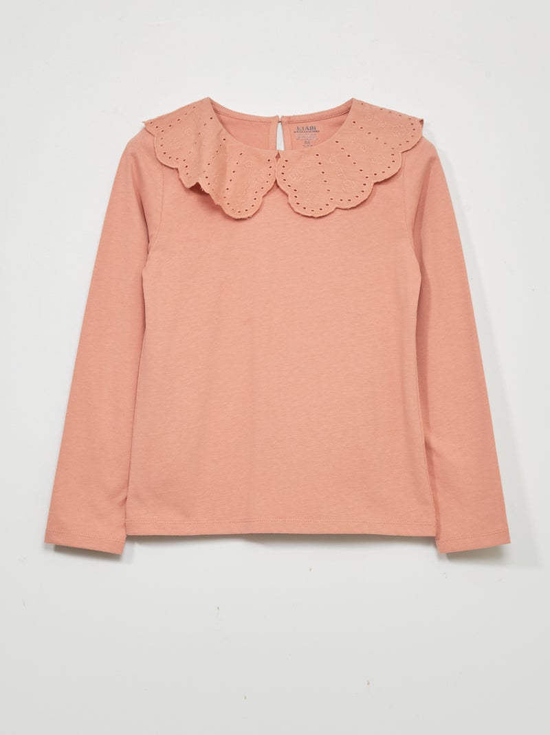 T-shirt à manches longues avec broderie anglaise rose - Kiabi