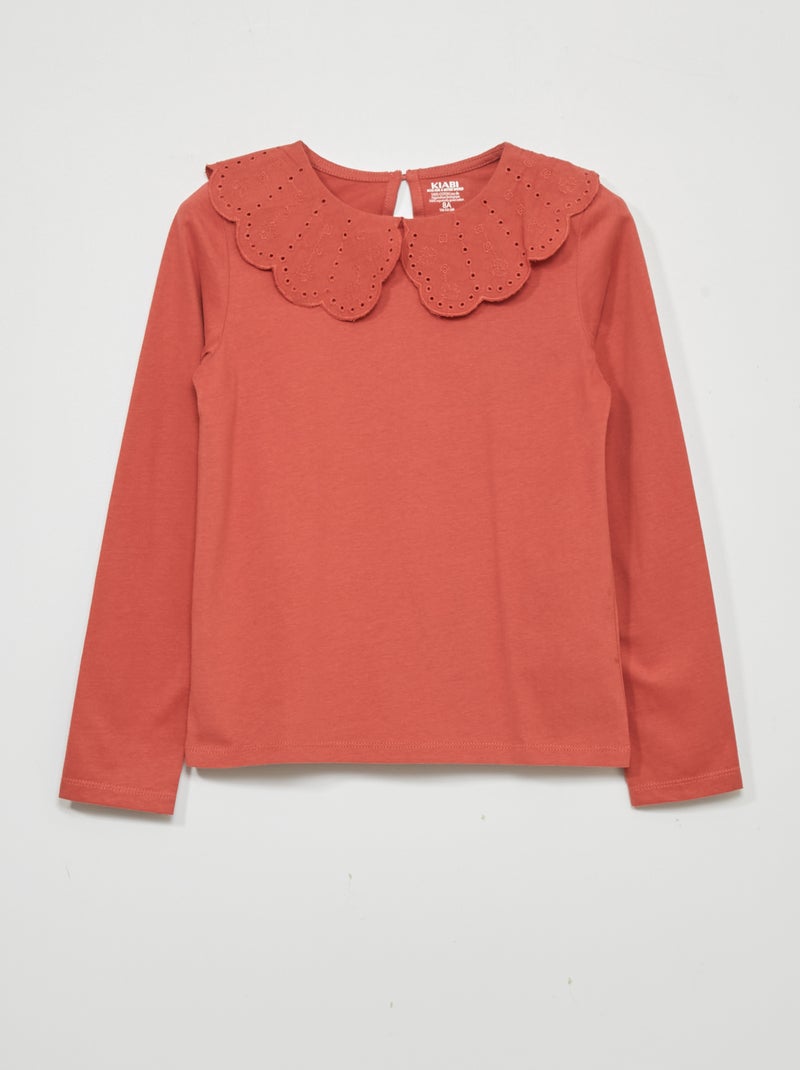 T-shirt à manches longues avec broderie anglaise Rouge - Kiabi