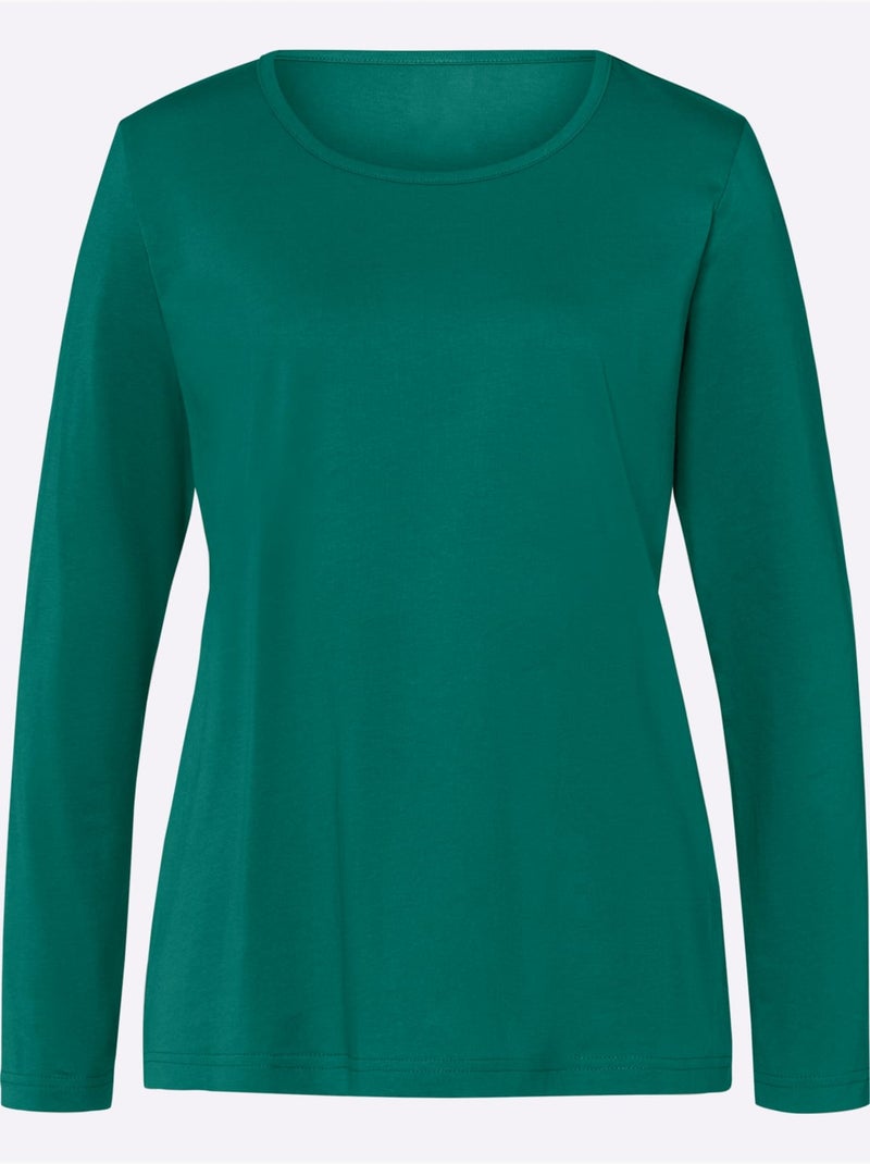 T-shirt à manches longues avec col arrondi et coupe ajustée - Taille standard - Moda Vilona Vert - Kiabi