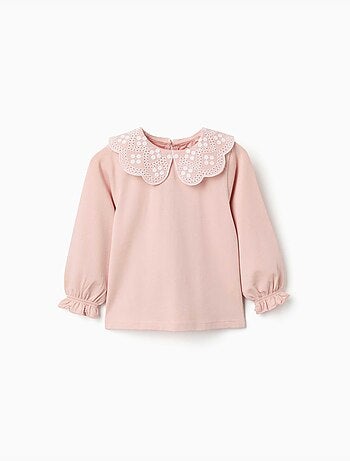 T-shirt à manches longues avec col en broderie anglaise