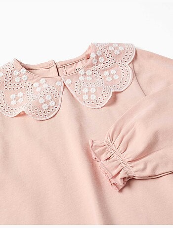 T-shirt à manches longues avec col en broderie anglaise
