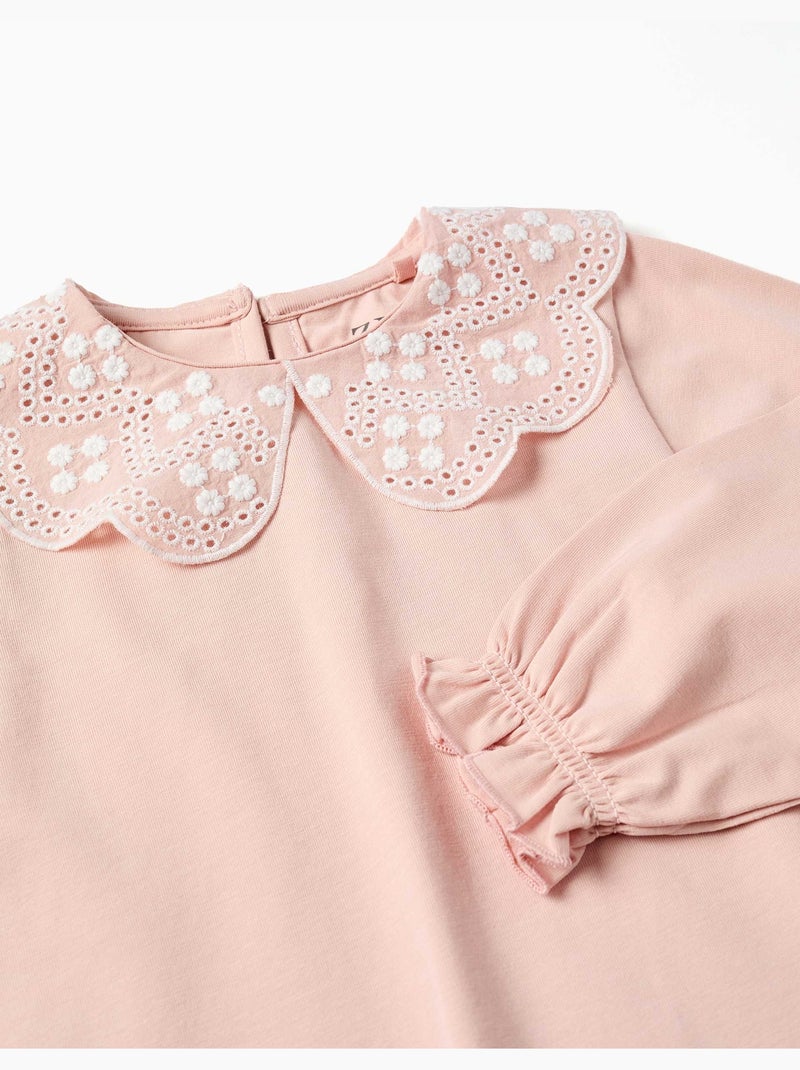 T-shirt à manches longues avec col en broderie anglaise Rose clair - Kiabi
