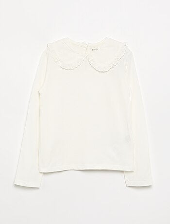 T-shirt à manches longues avec col en broderies anglaises
