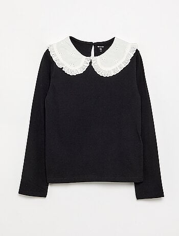 T-shirt à manches longues avec col en broderies anglaises