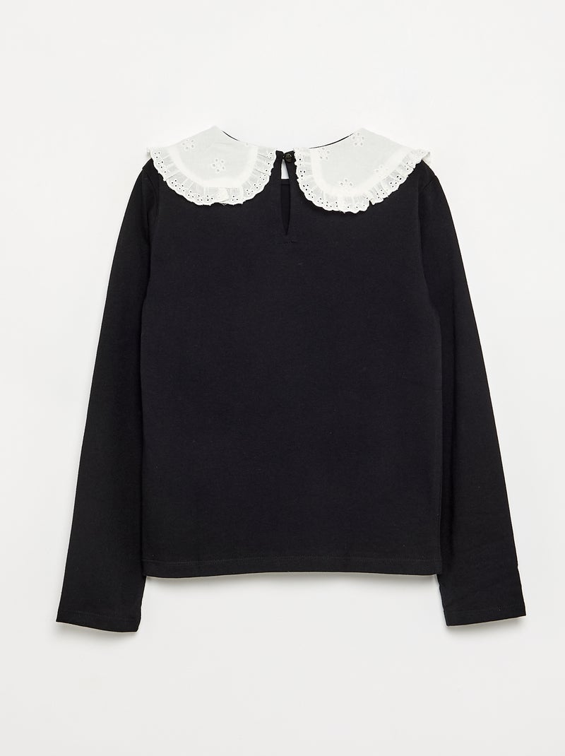 T-shirt à manches longues avec col en broderies anglaises Noir - Kiabi