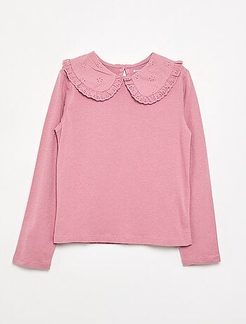T-shirt à manches longues avec col en broderies anglaises