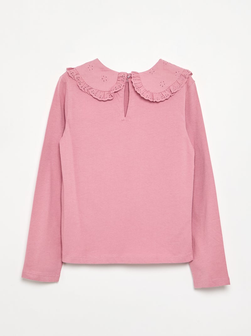 T-shirt à manches longues avec col en broderies anglaises Rose - Kiabi