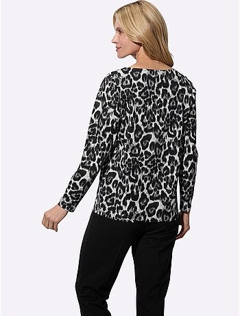 T-shirt à manches longues avec col en U et motif léopard - Taille standard - Moda Vilona