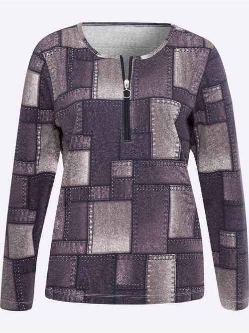 T-shirt à manches longues avec col et motif patchwork - taille standard - moda vilona - Kiabi