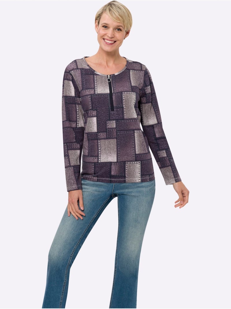 T-shirt à manches longues avec col et motif patchwork - taille standard - moda vilona Rose - Kiabi