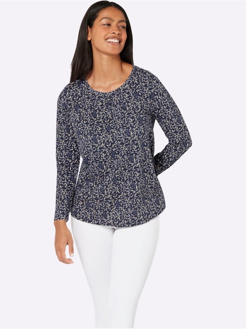 T-shirt à manches longues avec col froncé et imprimé floral - taille standard - moda vilona - Kiabi