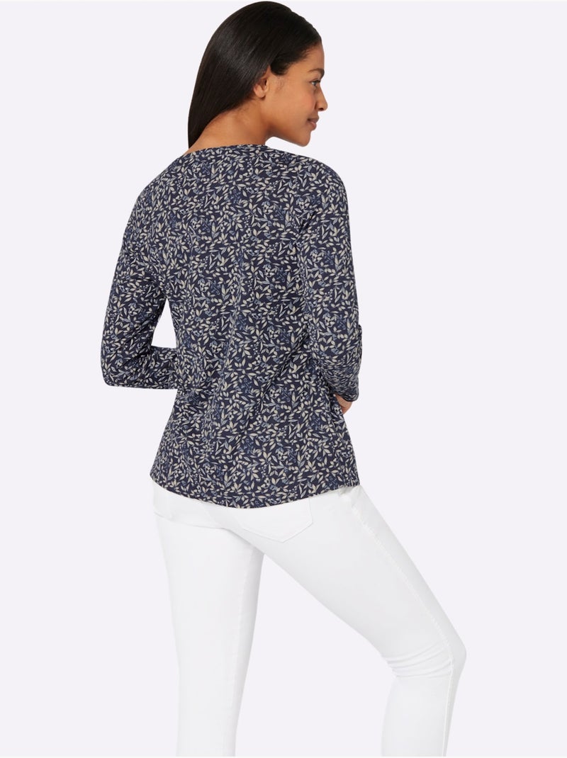 T-shirt à manches longues avec col froncé et imprimé floral - taille standard - moda vilona Bleu marine - Kiabi