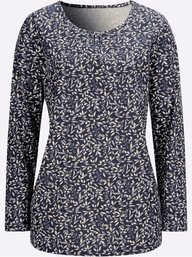T-shirt à manches longues avec col froncé et imprimé floral - taille standard - moda vilona Bleu marine - Kiabi