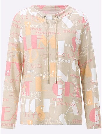 T-shirt à manches longues avec col montant et lettrage décoratif - Taille standard - Moda Vilona