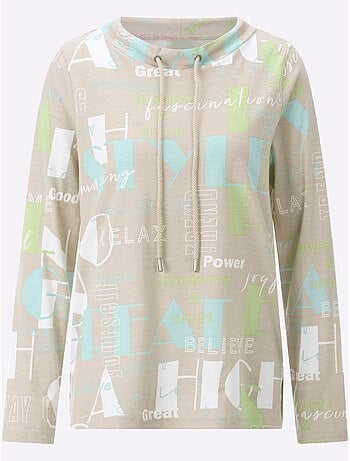T-shirt à manches longues avec col montant et lettrage décoratif - Taille standard - Moda Vilona