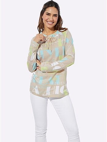 T-shirt à manches longues avec col montant et lettrage décoratif - Taille standard - Moda Vilona