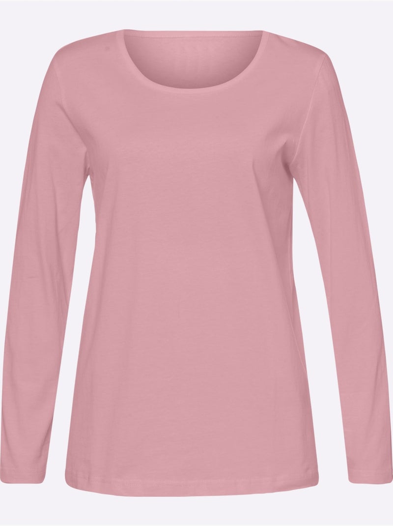 T-shirt à manches longues avec col rond en coton doux - Taille standard - Moda Vilona Rose - Kiabi