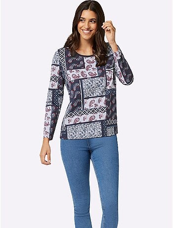 T-shirt à manches longues avec col rond et imprimé patchwork - Taille standard - Moda Vilona