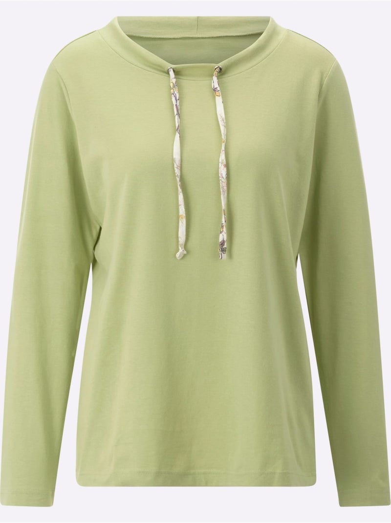 T-shirt à manches longues avec col rond et lien à nouer - taille standard - moda vilona Vert tilleul - Kiabi
