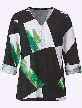 T-shirt à manches longues avec col V et motifs géométriques - Taille standard - Moda Vilona