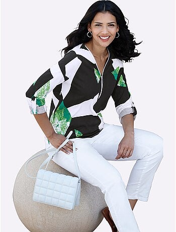 T-shirt à manches longues avec col V et motifs géométriques - Taille standard - Moda Vilona