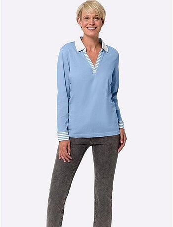 T-shirt à manches longues avec col chemise et rayures contrastées - taille standard - moda vilona