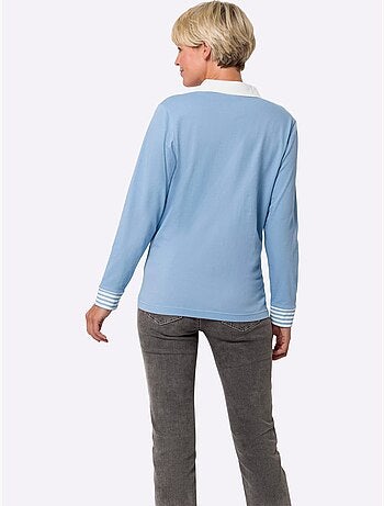 T-shirt à manches longues avec col chemise et rayures contrastées - taille standard - moda vilona