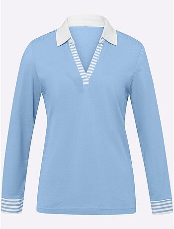 T-shirt à manches longues avec col chemise et rayures contrastées - taille standard - moda vilona