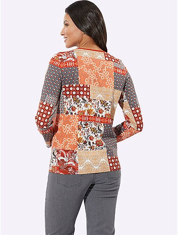 T-shirt à manches longues avec encolure ronde à motif patchwork - Taille standard - Moda Vilona