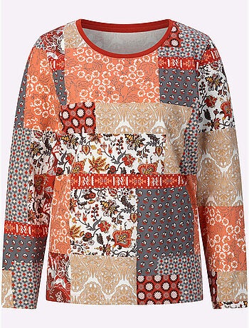 T-shirt à manches longues avec encolure ronde à motif patchwork - Taille standard - Moda Vilona