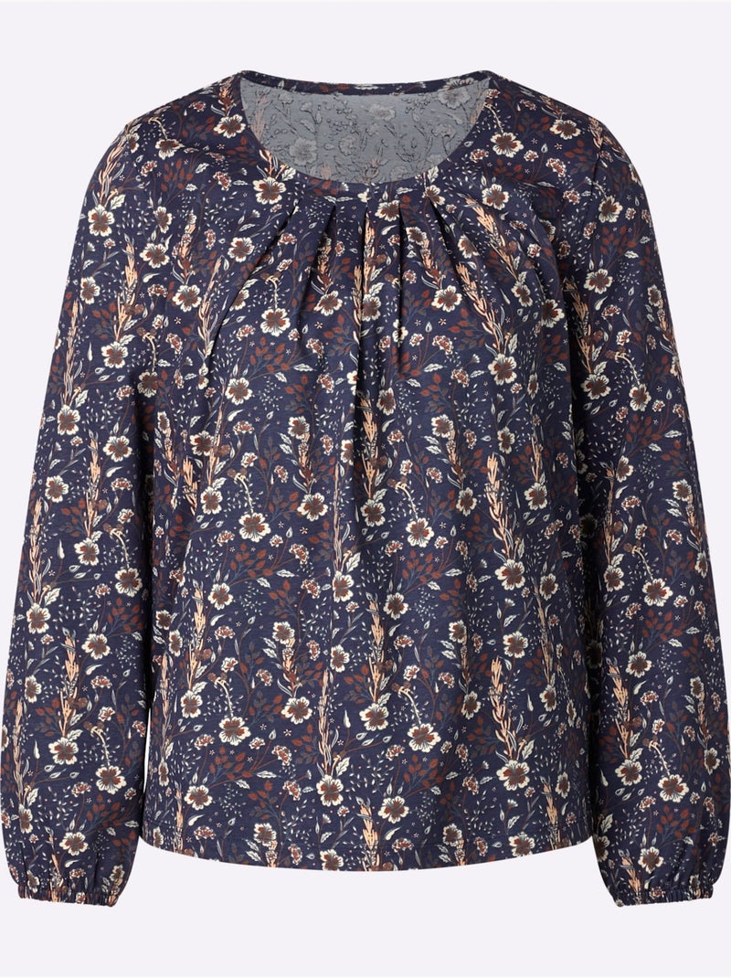 T-shirt à manches longues avec encolure ronde et imprimé floral - taille standard - moda vilona Bleu Blanc - Kiabi