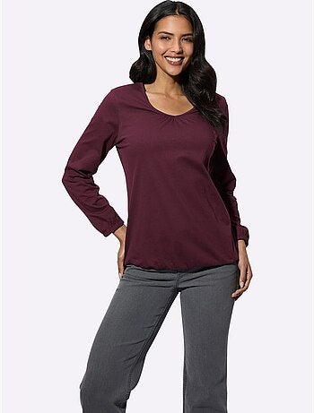 T-shirt à manches longues avec fronces et encolure en V - Taille standard - Moda Vilona