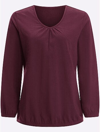 T-shirt à manches longues avec fronces et encolure en V - Taille standard - Moda Vilona