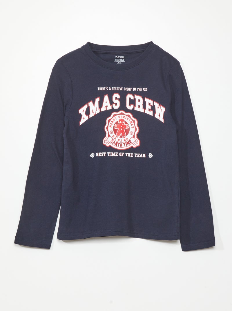 T-shirt à manches longues avec imprimé devant Bleu - Kiabi