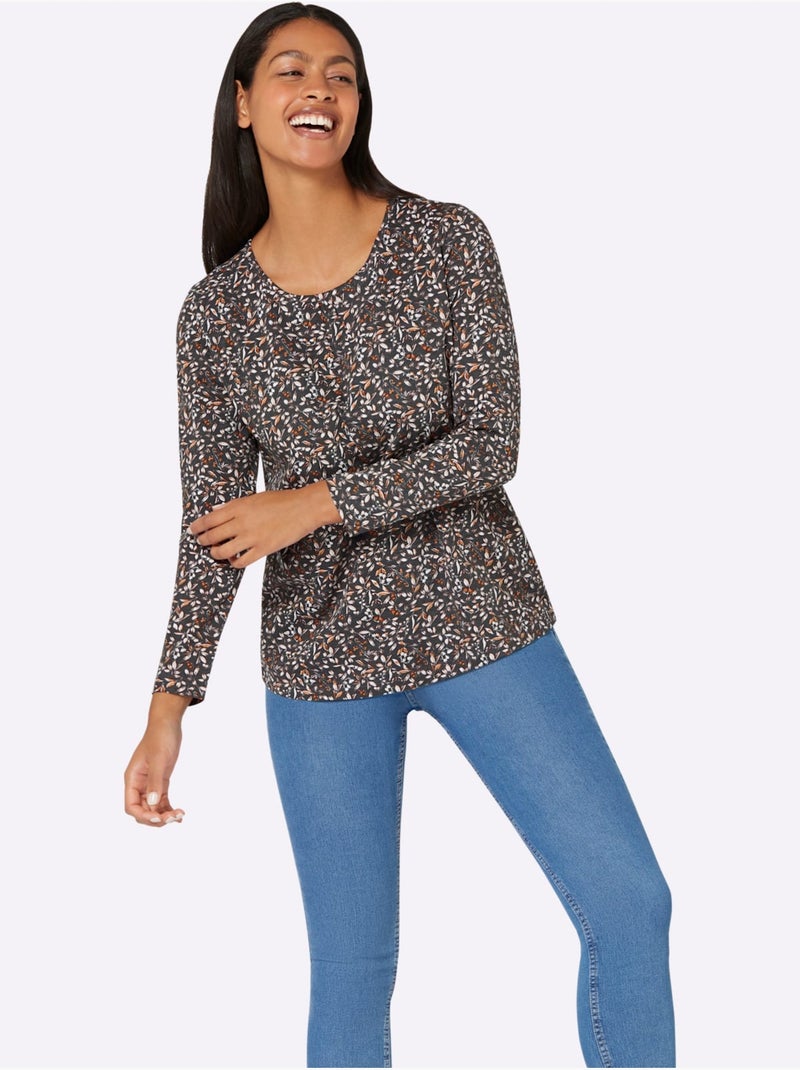 T-shirt à manches longues avec imprimé floral et encolure froncée - taille standard - moda vilona Noir Rouge - Kiabi