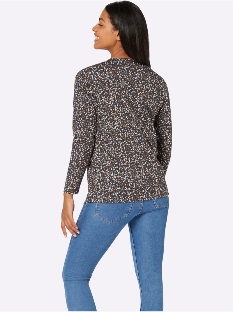 T-shirt à manches longues avec imprimé floral et encolure froncée - taille standard - moda vilona Noir Rouge - Kiabi